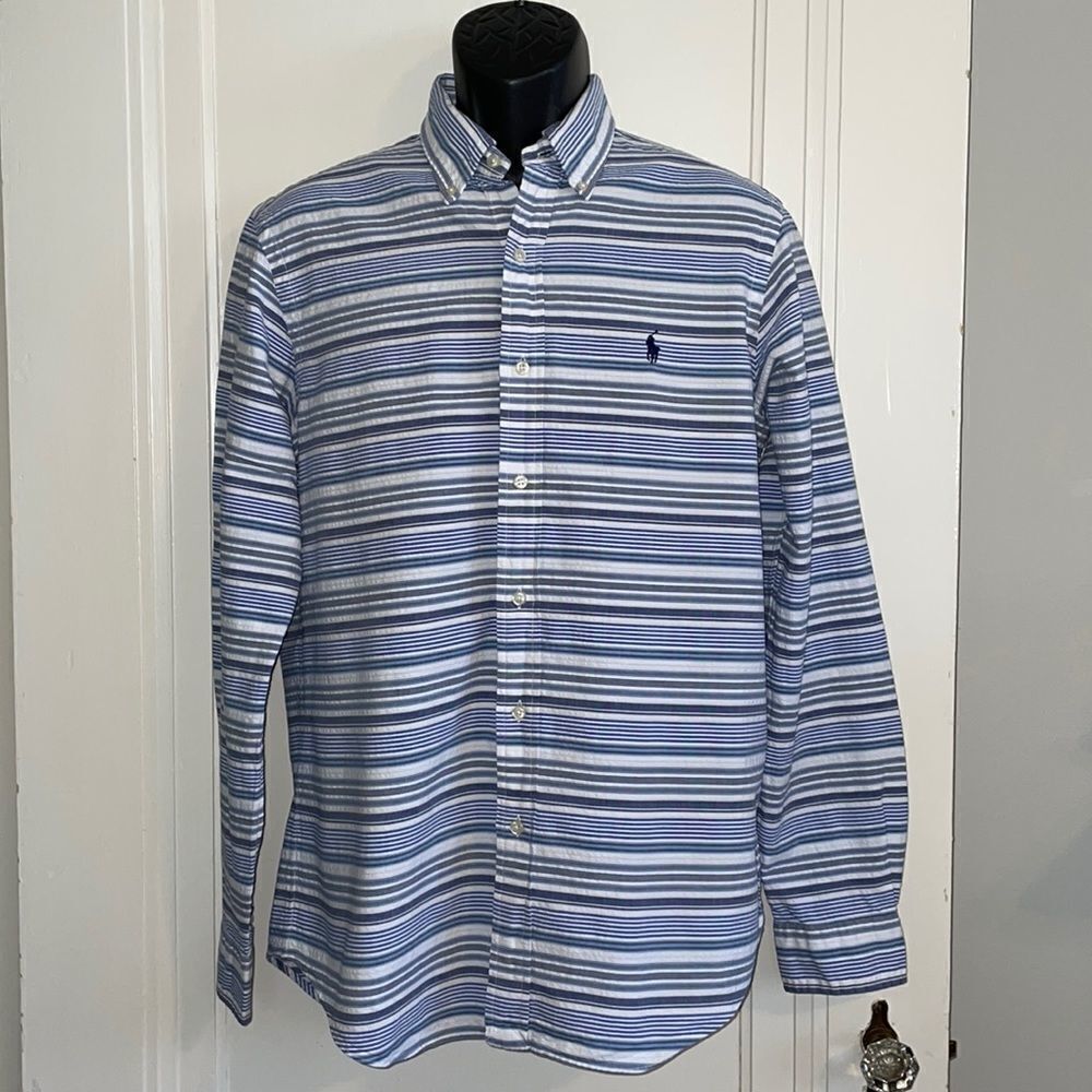 Ralph Lauren classic fit blue & white horizontal‎ striped shirt